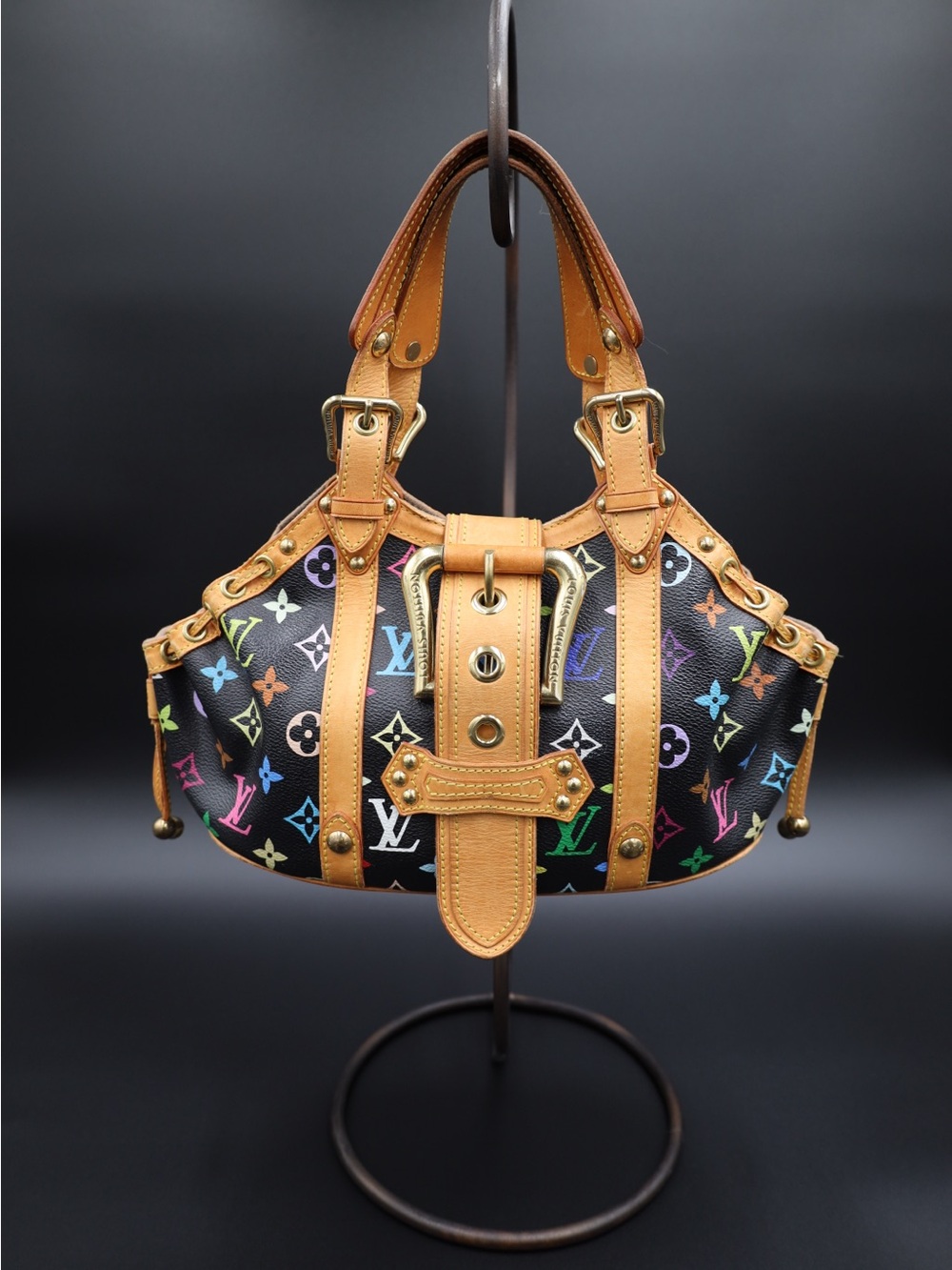 Louis Vuitton Multicolor Black Canvas and Tan Leather Top-Handle Bag